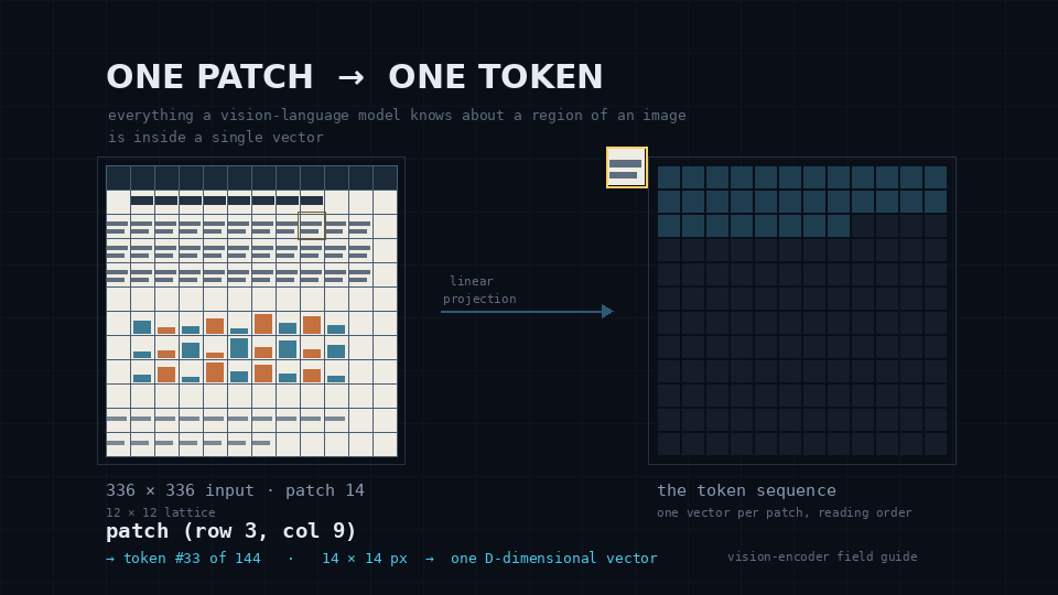 Animated document patch lattice becoming a sequence of visual tokens.